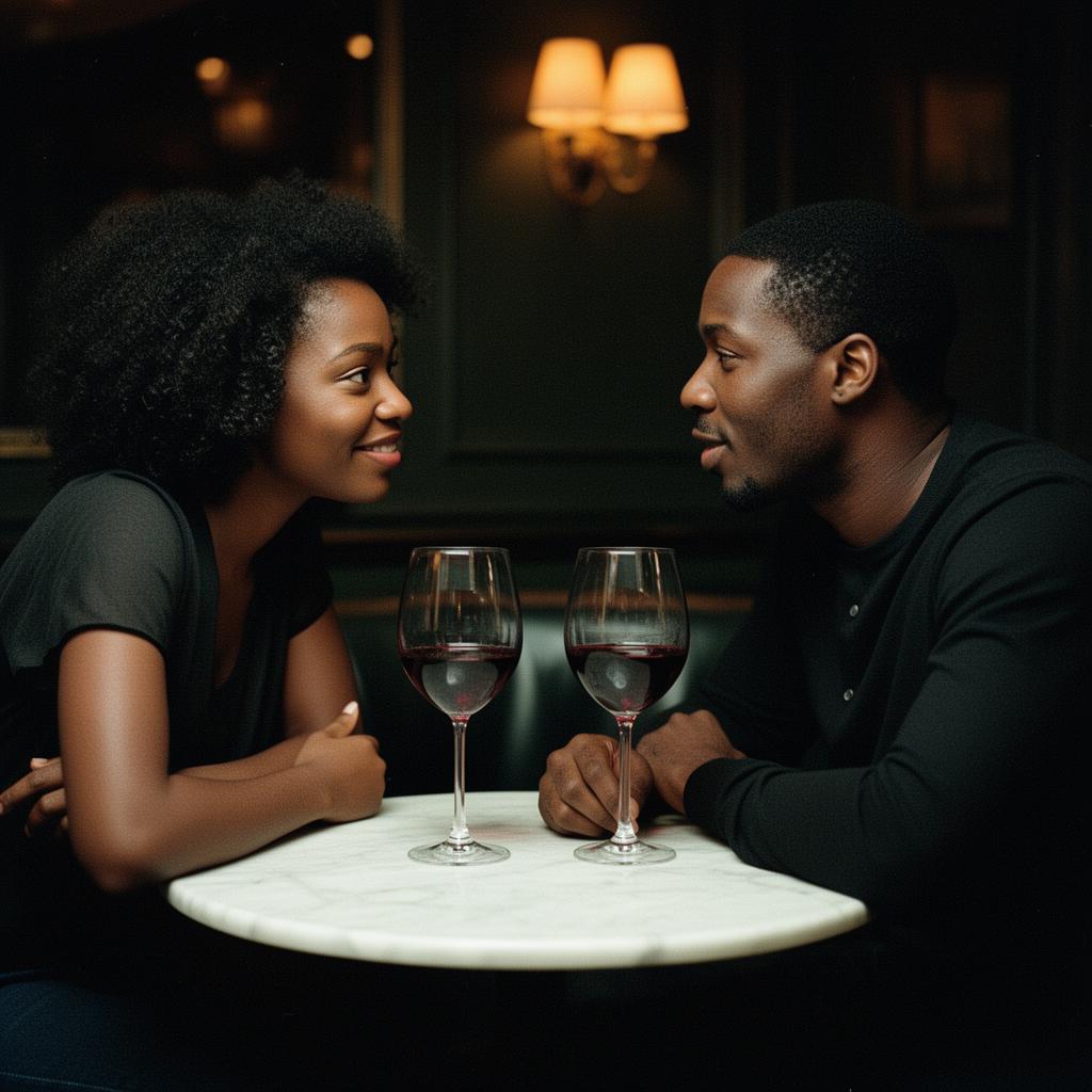 A Black couple in unhurried conversation across a small marble table in a warm lounge