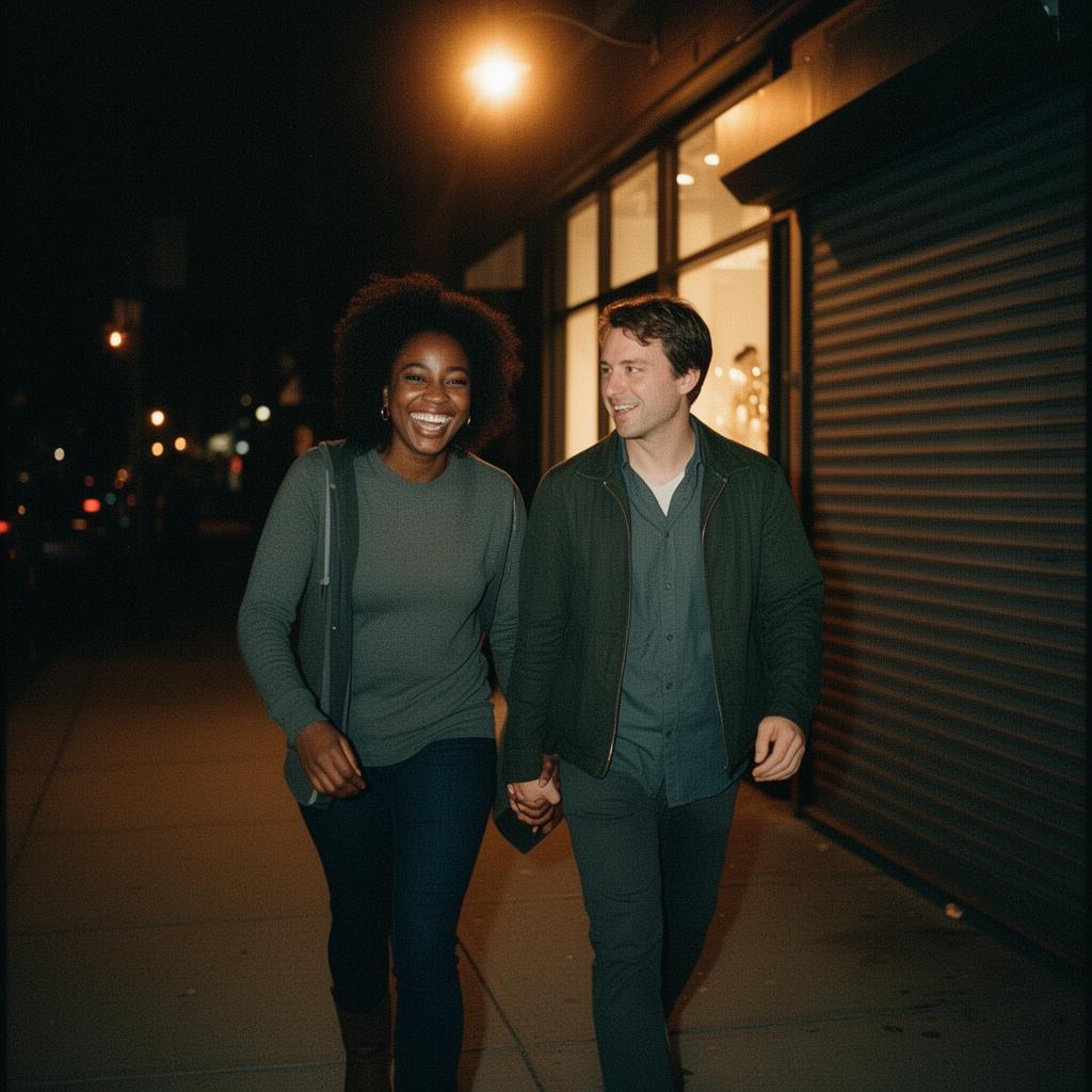Two people walking outside after an event, laughing, early connection energy
